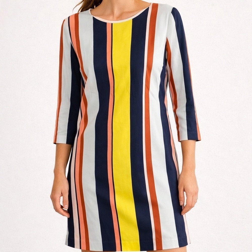 Boden Silk Blend Stripe Shift Dress‎ Yellow Navy Coral 3/4 Sleeve US 12